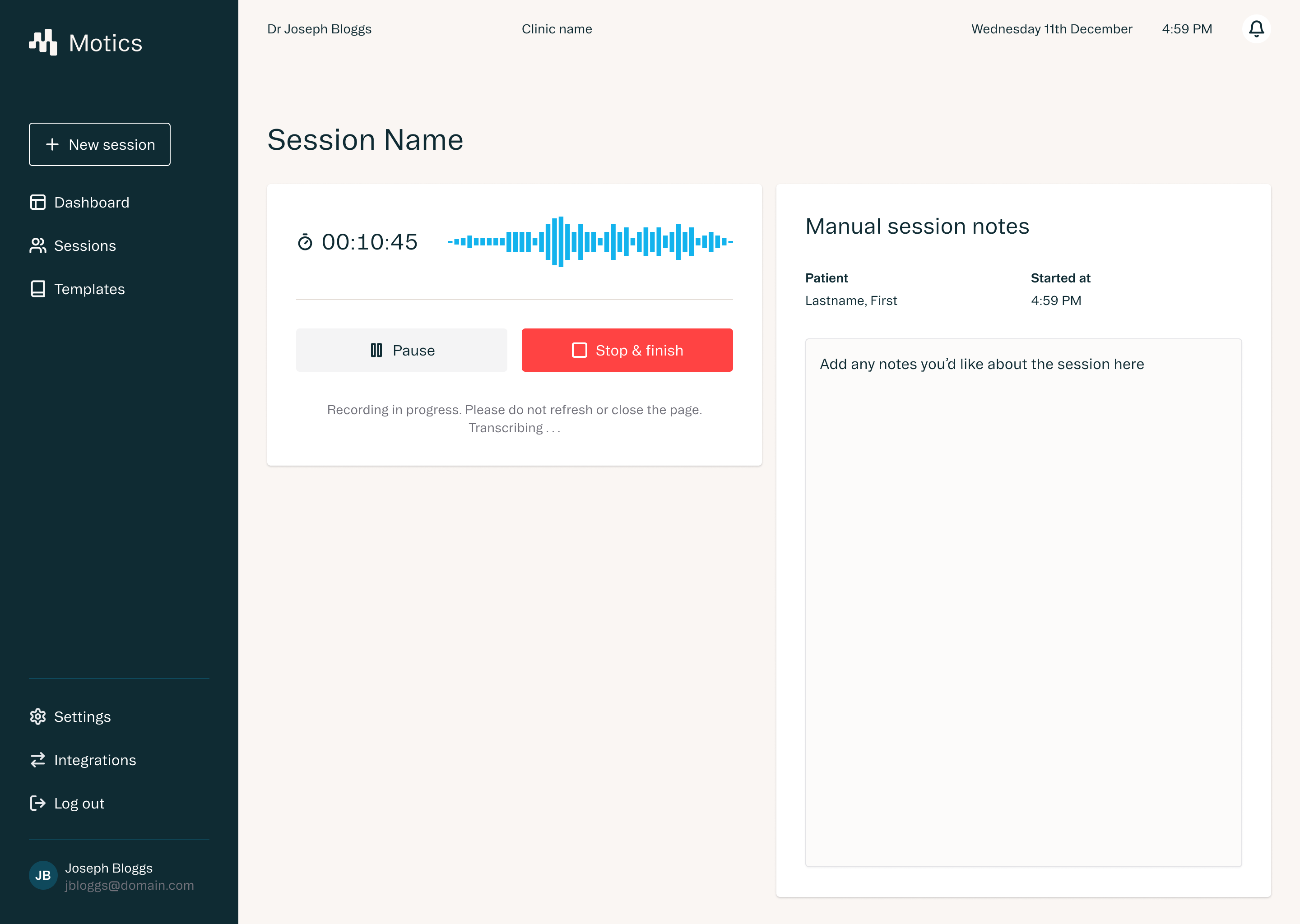 Motics AI interface showing automated clinical documentation
